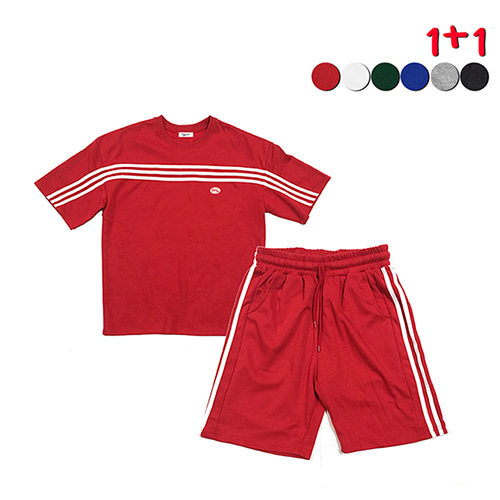 [GINGHAMBUS] 깅엄버스 [1+1]Front Panel Striped T-shirt+Side Panel Striped Track Shorts(6color)(unisex)